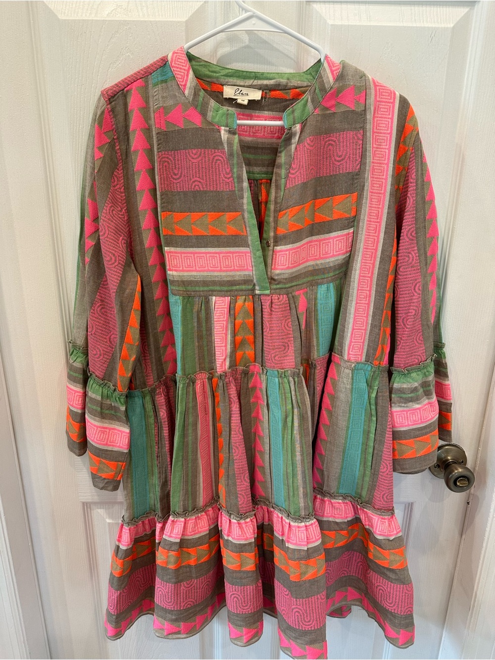 Elan Pink and Green Geometric Tunic with Orange Trim